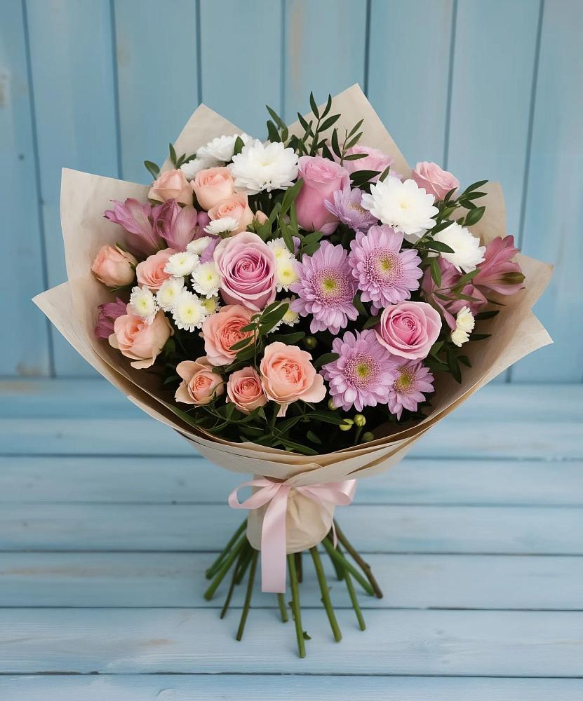 Букет цветов из: Хризантемы, Розы и Альстромерии в Хасавюрте