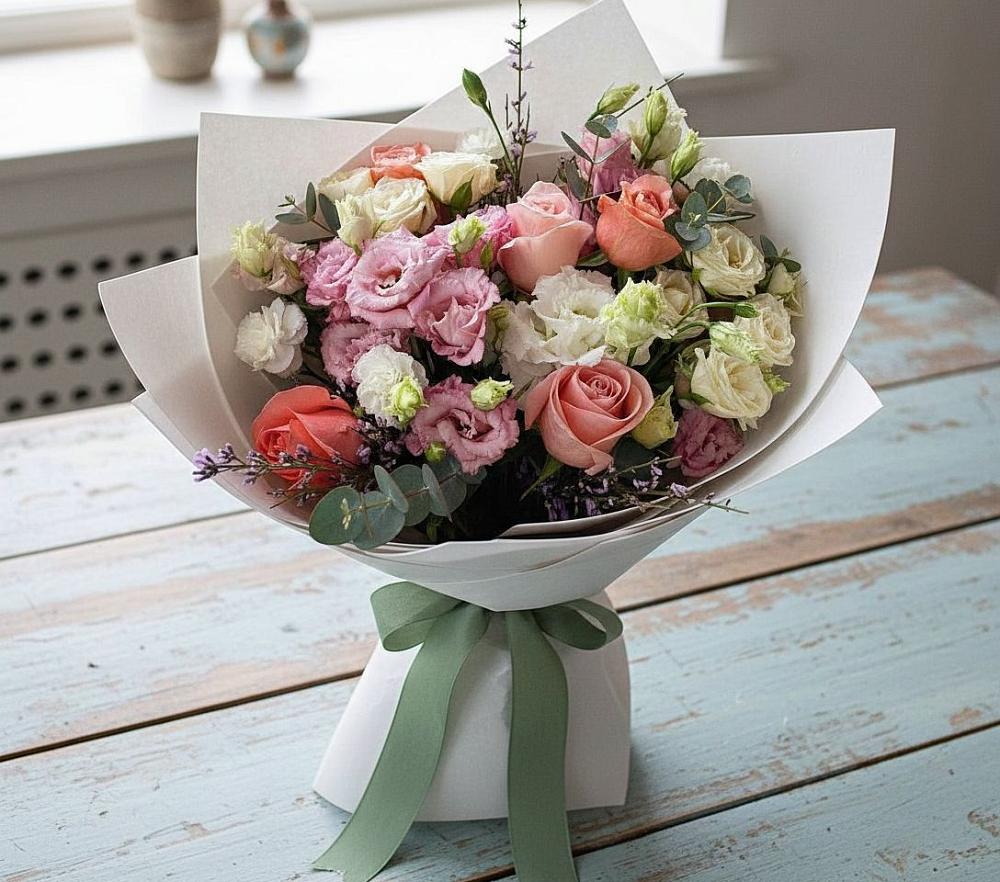 Букет цветов из: Розы, Лизиантусы и Гвоздики в Хасавюрте