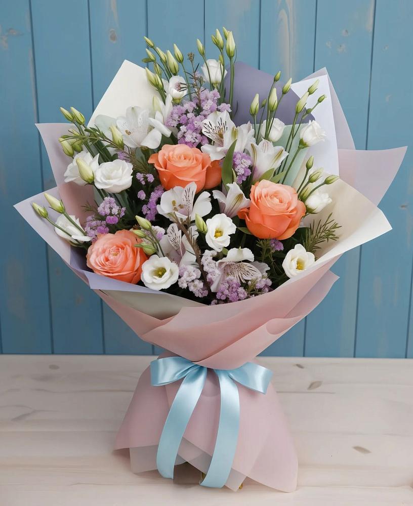 Букет цветов из: Лизиантусы, Розы, Альстромерии и Гипсофила в Хасавюрте