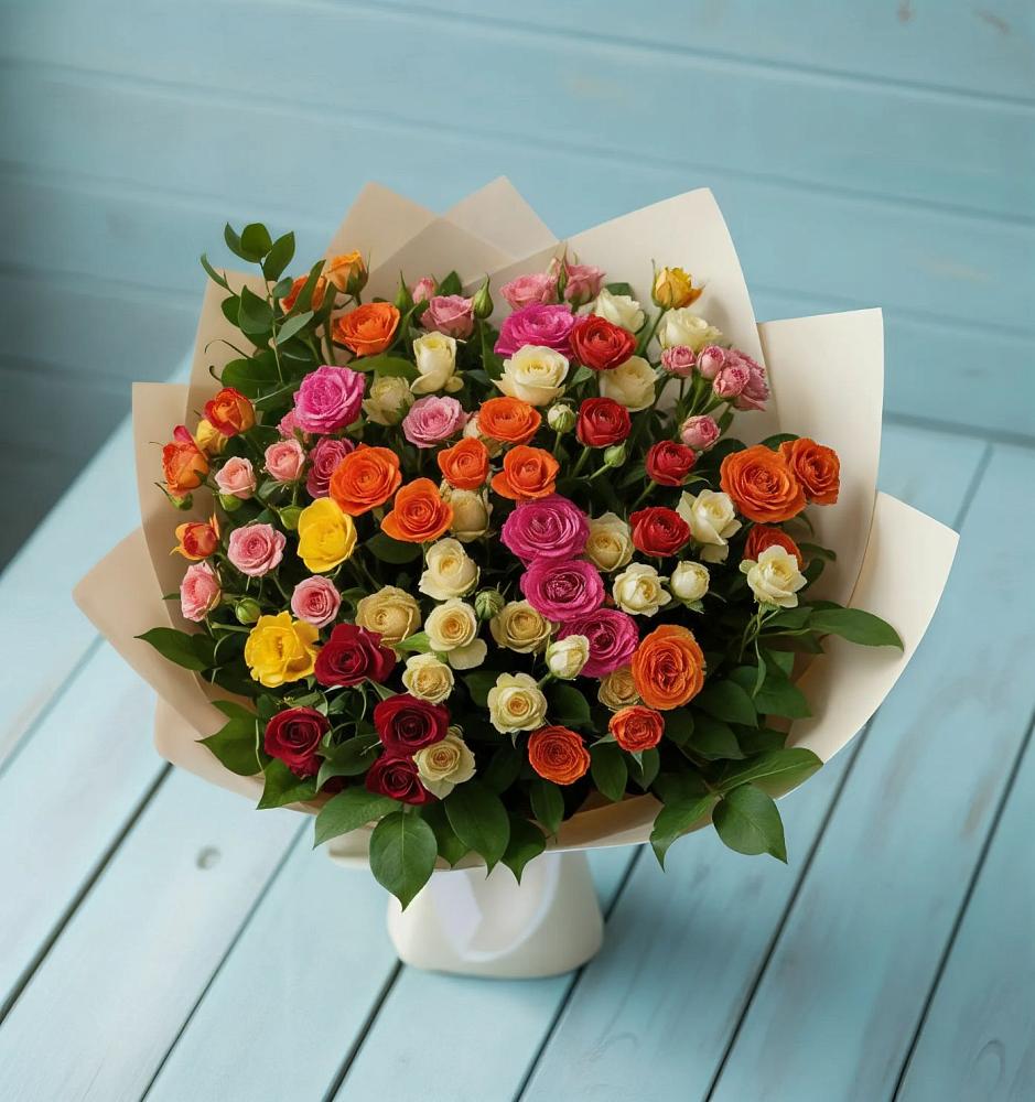 Букет Микс из разноцветных кустовых роз в Хасавюрте