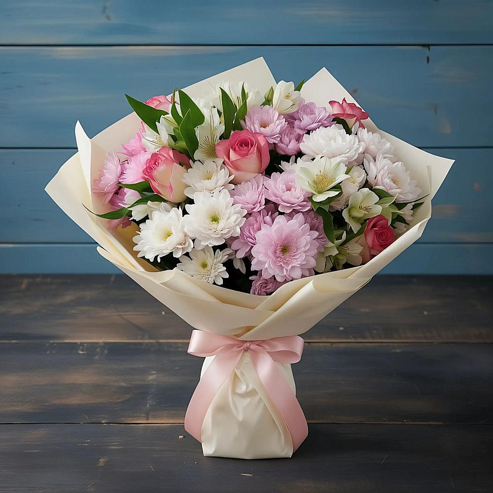 Букет цветов из: Хризантемы, Альстромерии и Розы в Хасавюрте